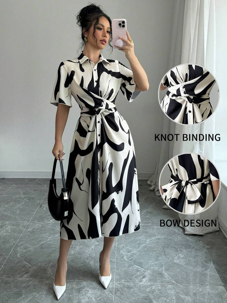 Elenzga Women's Front Button Short Sleeve Print Casual Long Dress | SHEIN