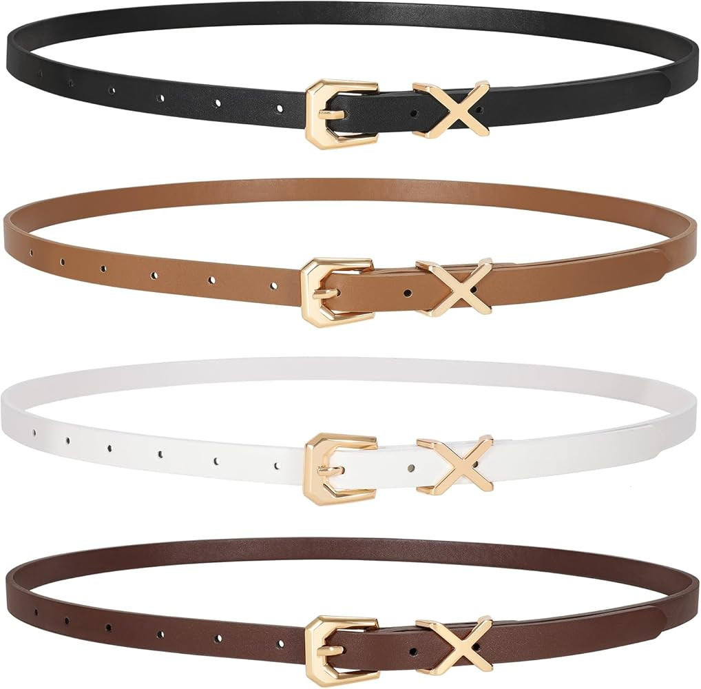 JASGOOD Women Skinny Leather Belt for Pants Jeans Ladies Thin Waist Belt for Dress | Amazon (US)