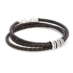 Navigator Brown Braided Leather Bracelet for Men with Custom Beads in Sterling Silver | MYKA