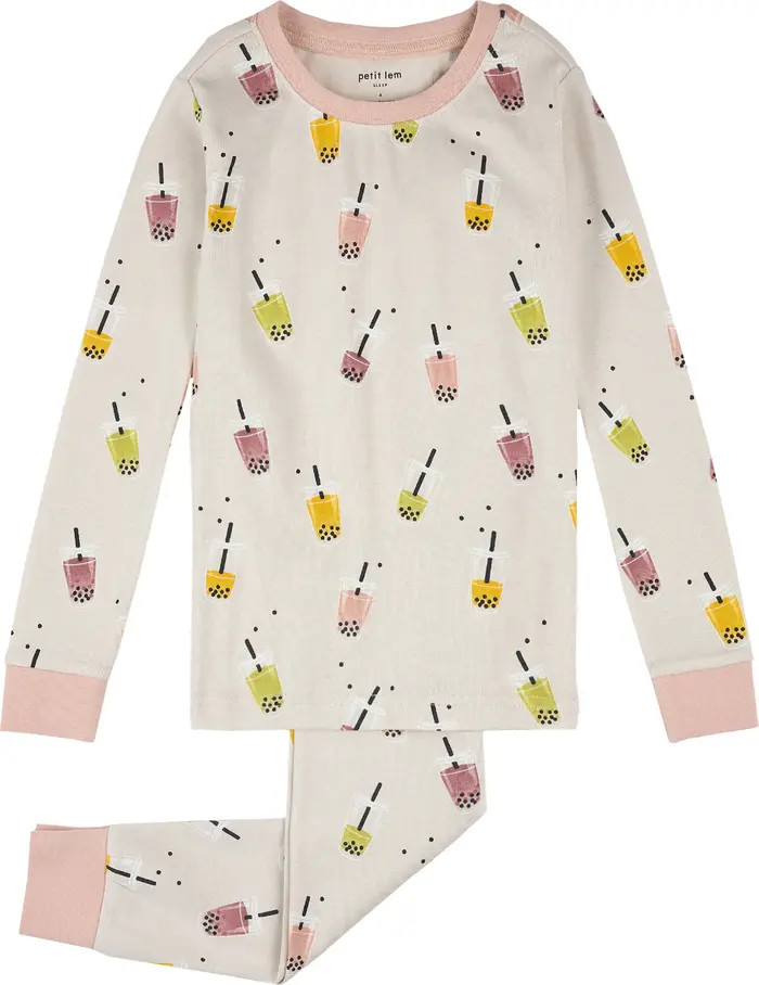 Kids' Bubble Tea Print Fitted Two-Piece Organic Cotton Rib Pajamas | Nordstrom