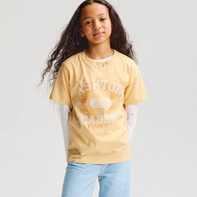 Girls' Short Sleeve 100% Cotton 'Ashton Academy' Oversized Graphic T-Shirt - Cat & Jack™ Gold L Plus | Target