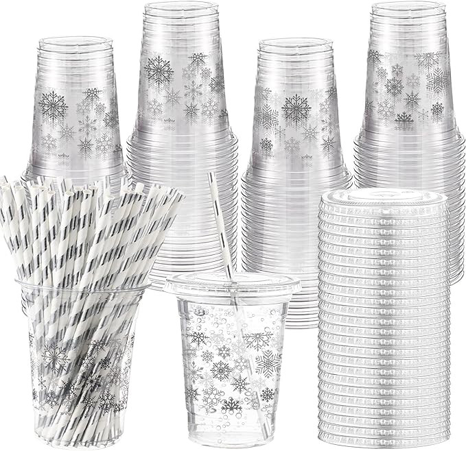 Shellwei 50 Set 16 oz Winter Snowflakes Plastic Cups with Lids and Straw Cups Disposable Clear Ic... | Amazon (US)