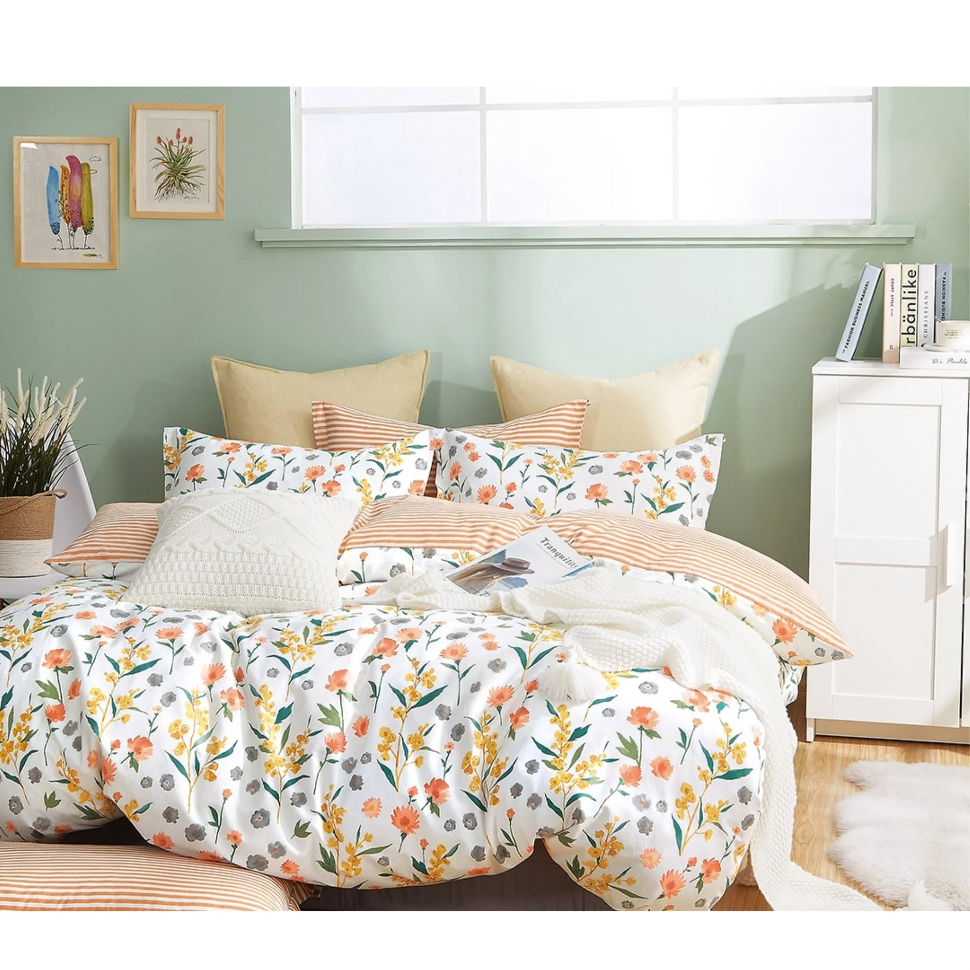 Say Yes Bedding Estella Orange Floral 100% Cotton Reversible Comforter Set, Twin/Twin XL | Walmart (US)