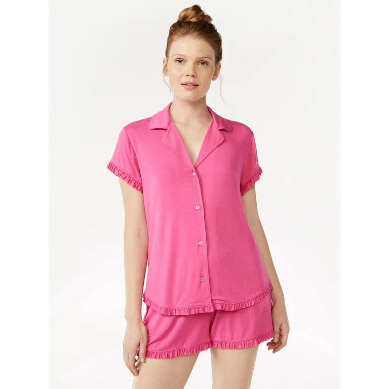 Joyspun Women's Notch Collar Shorty Pajama Set with Ruffles, Sizes S to 3X | Walmart (US)