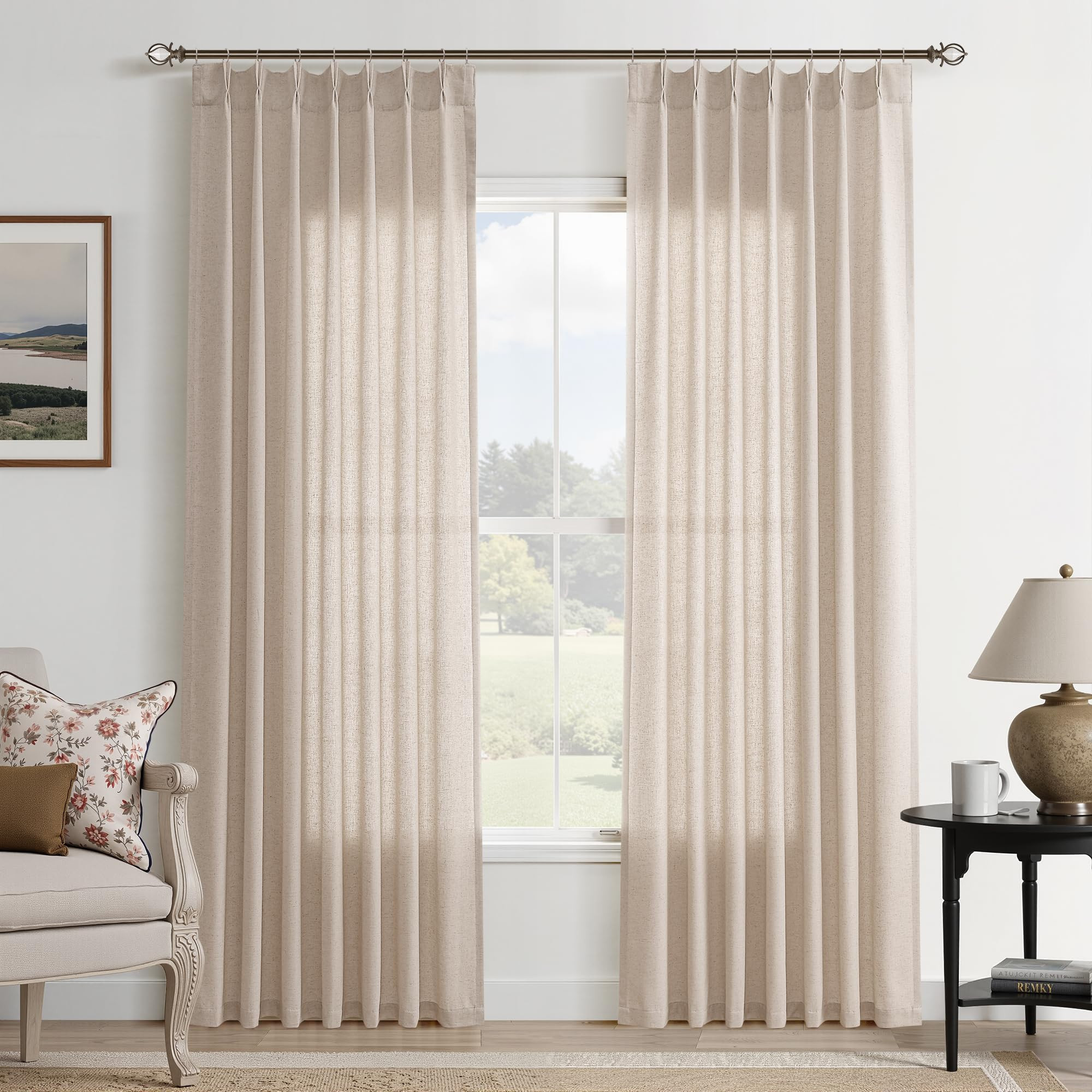 Tan Pinch Pleated Linen Curtains 84 Inch Length 2 Panels for Living Room Bedroom Semi Sheer Windo... | Amazon (US)