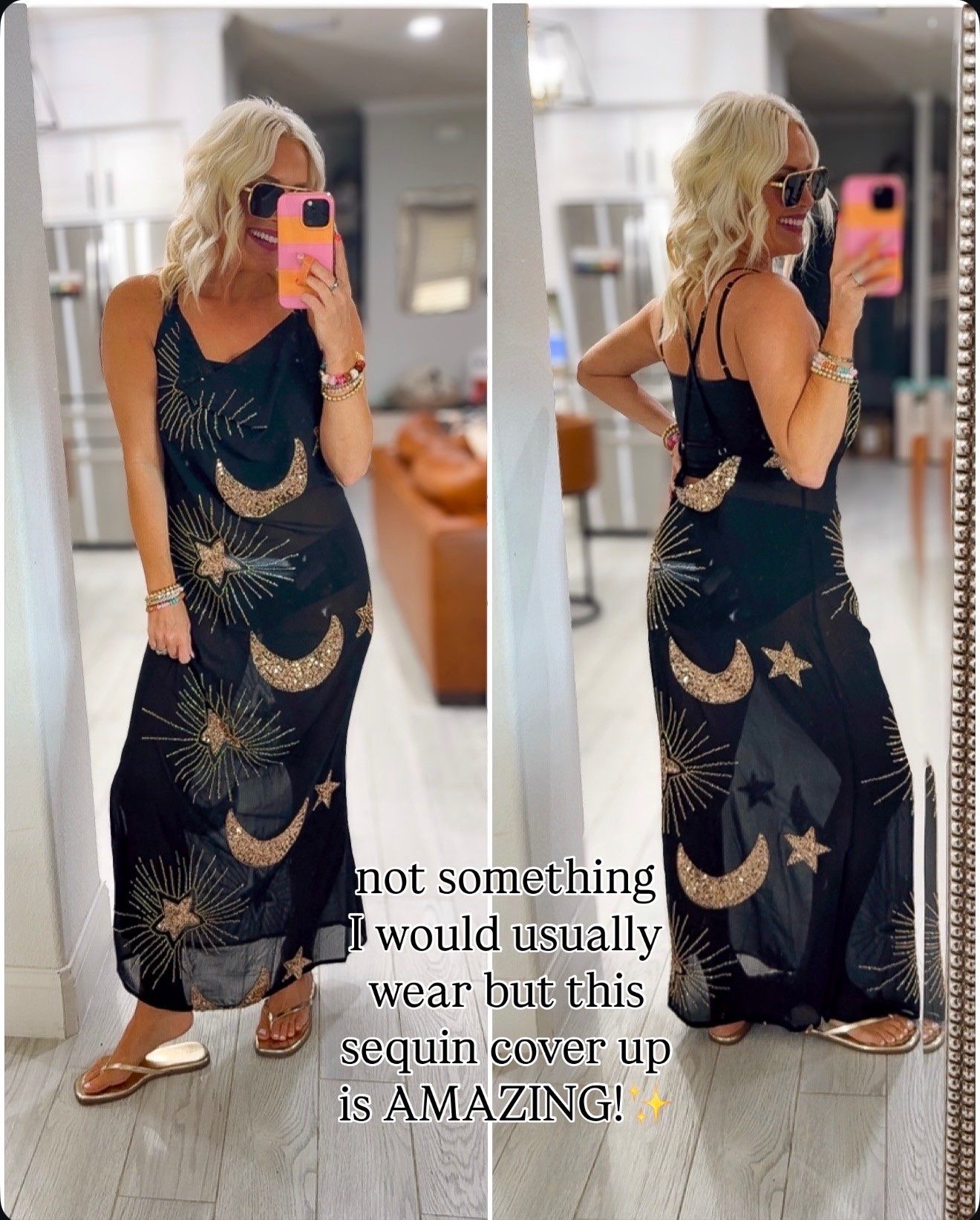 This sequin sheer maxi coverup dress
is super flattering and chic / size medium