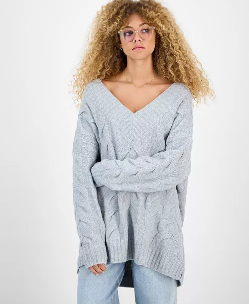 Juniors' V-Neck Cable-Knit Oversized Sweater | Macy's