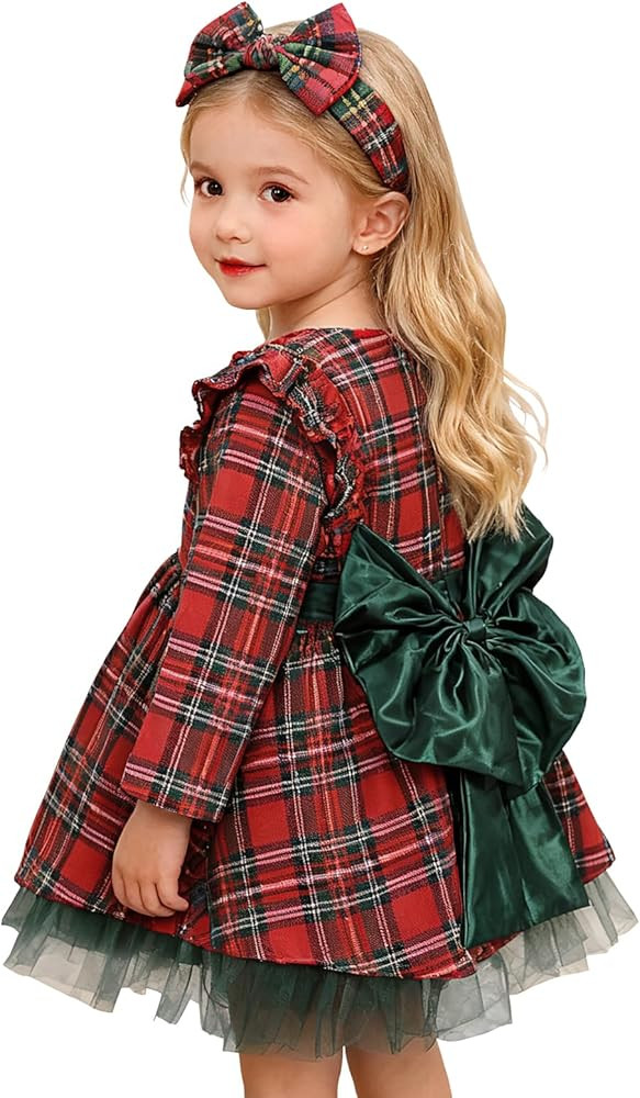 COSLAND Baby Girl Christmas Outfit Plaid Christmas Dress Tulle Tutu Dress with Plaid Headband, Si... | Amazon (US)