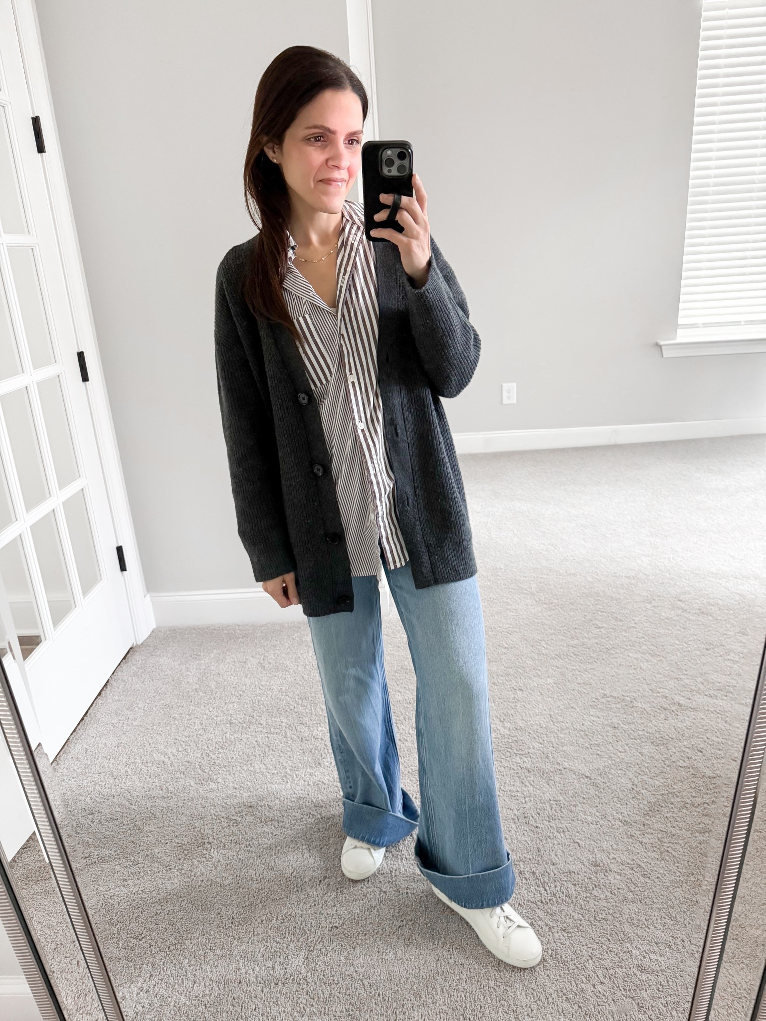 What I wore —
Quince boyfriend cardigan - xs
striped button down - linked similar 
Trouser Jean - tts
d’orsay sneaker - tts 

#springoutfit #casualstyle 

#LTKStyleTip