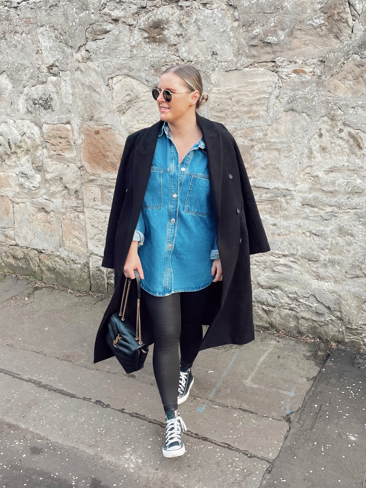 Casual denim shirt outfit with leggings and converse! Blue denim shirt with black coat 

#LTKeurope #LTKunder50 #LTKSeasonal