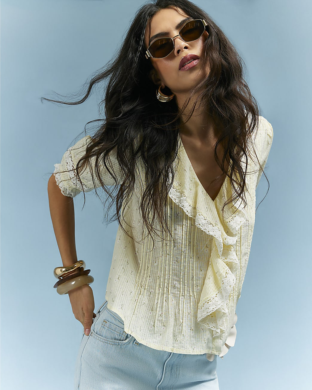 Yellow Floral Print Frill Trim Blouse | River Island UK & IE