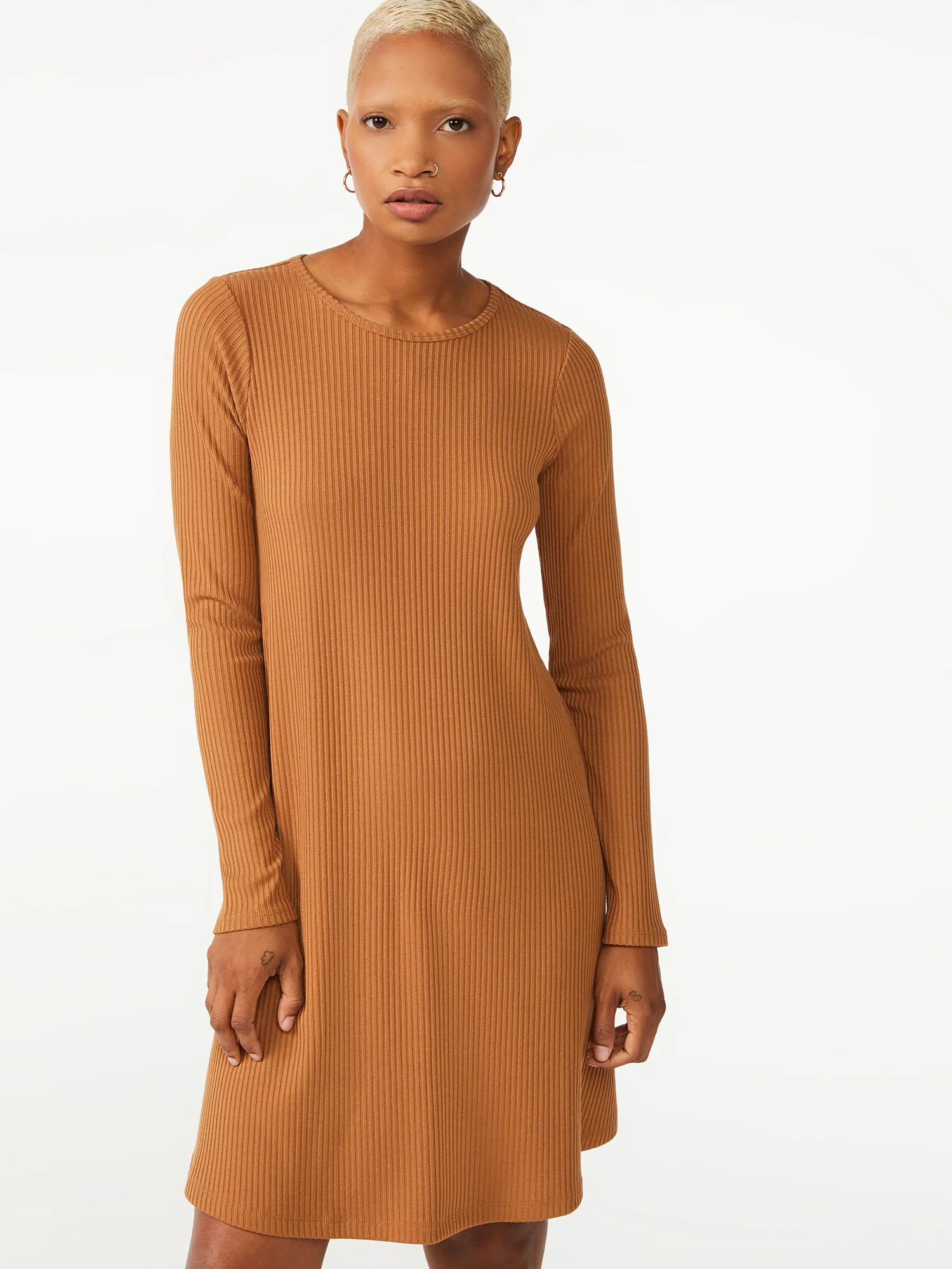 Free Assembly Women's Ribbed Swing Dress with Long Sleeves | Walmart (US)