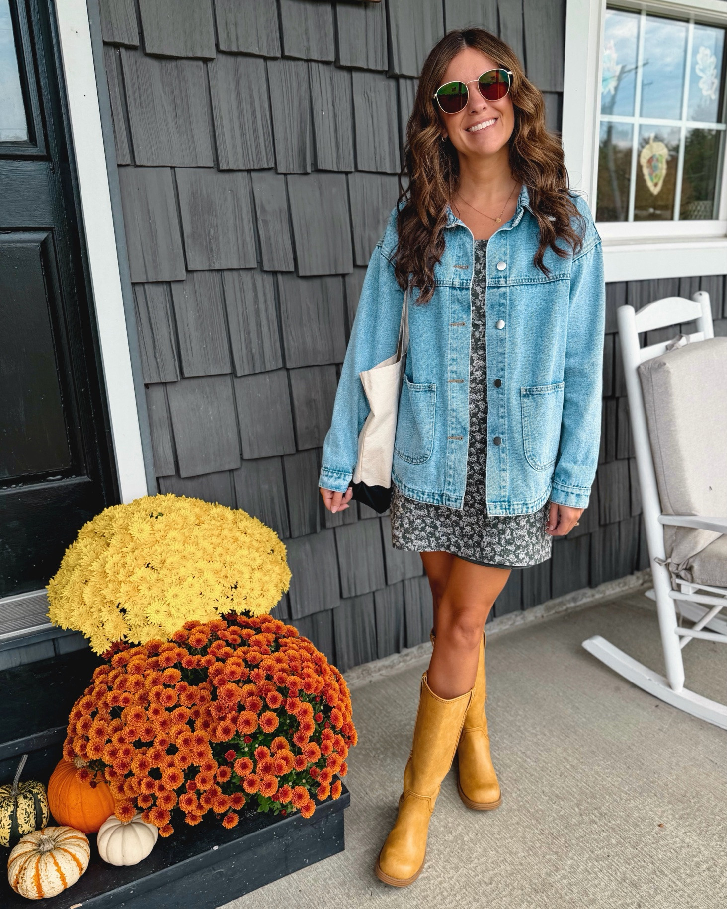 Fall Sunday church outfit🌼

Wearing xs in my dress, xs in my denim chore jacket (selling out—also linked similar!)  and 6 in my Walmart boots