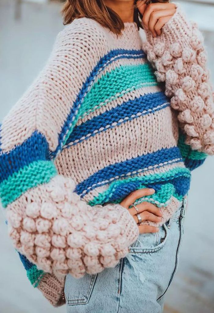 Pom-Pom Sleeve Hand-Knit Chunky Sweater | Chicwish