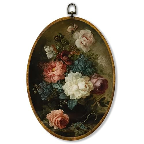 shiviody Vintage Floral Canvas Wall Art Decor, Rustic Farmhouse Cottagecore Botanical Country Flower Botanical Oval Hanging Frame Prints Decorations for Home Bedroom Living Room 8.6"x11.4" | Amazon (US)