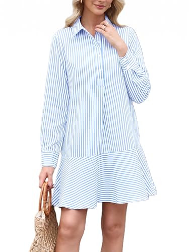 EZAPINE Womens Striped Shirt Mini Dress Long Sleeve Collared Ruffle Hem Button Up Tunic Flowy Swi... | Amazon (US)