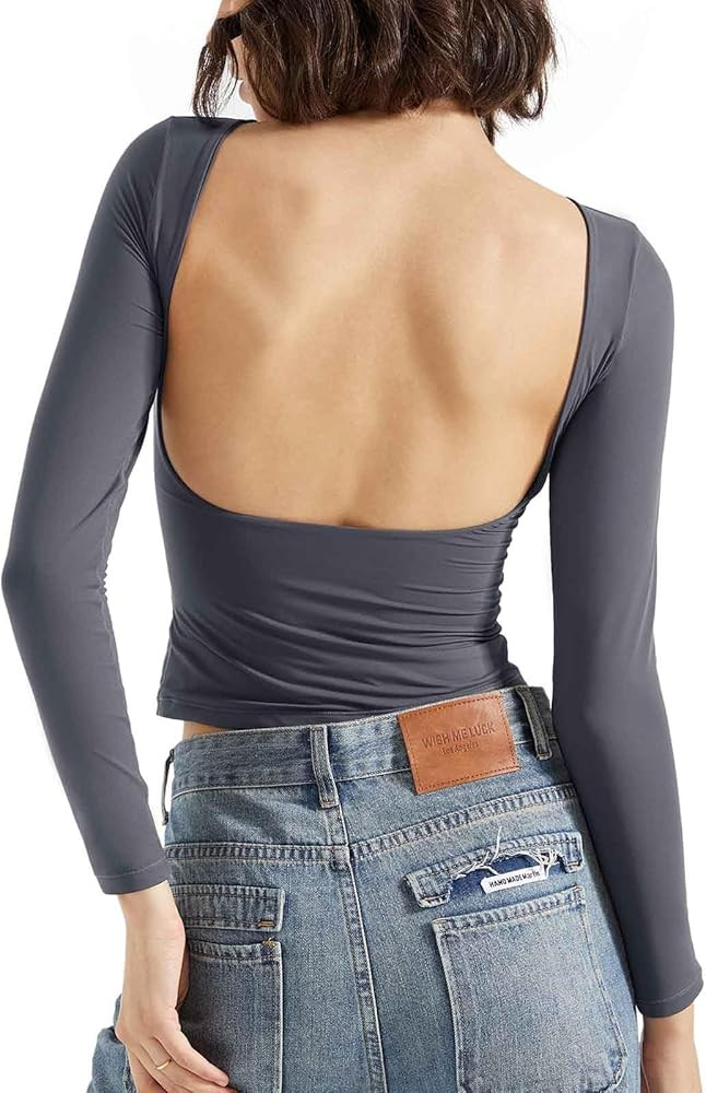 SUUKSESS Women Backless Going Out Tops Double Lined Open Back Basic Long Sleeve | Amazon (US)