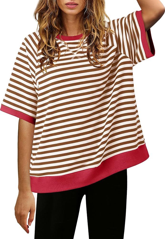 Nirovien Womens Striped Oversized Tshirts Crewneck Short Sleeve Shirt Color Block Knitted Tops Ca... | Amazon (US)