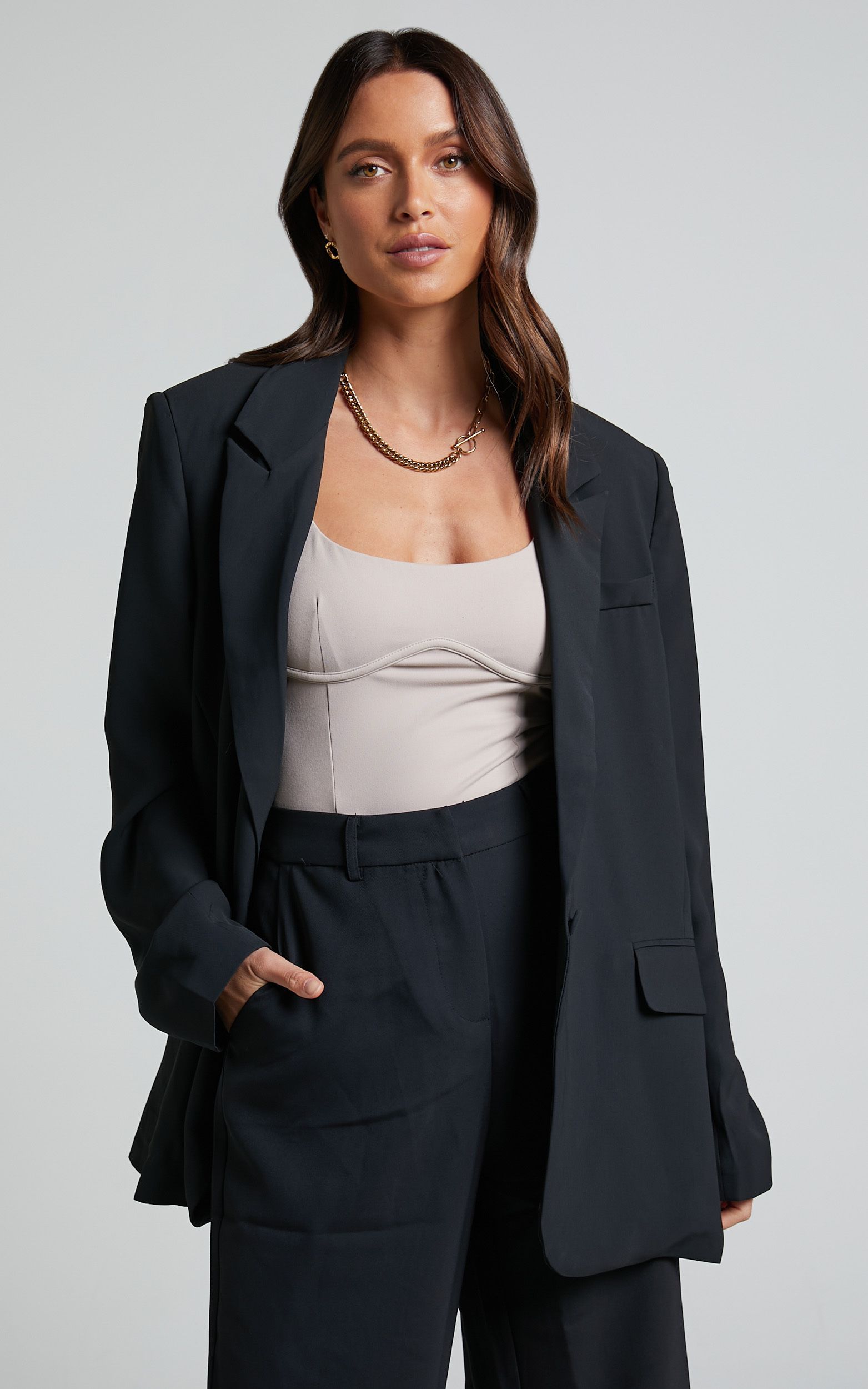 Michelle Oversized Plunge Neck Button Up Blazer in Black | Showpo (US, UK & Europe)