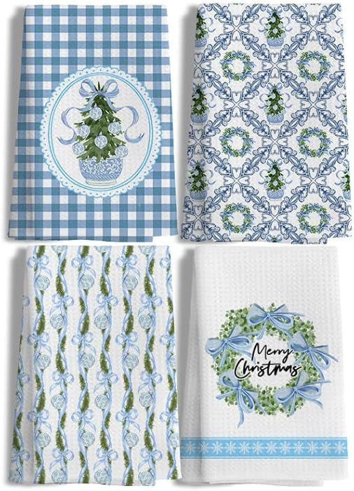 LUKIPOM305 Blue and White Chinoiserie Christmas Tree Kitchen Towels Set of 4,Coquette Bow Wreath ... | Amazon (US)
