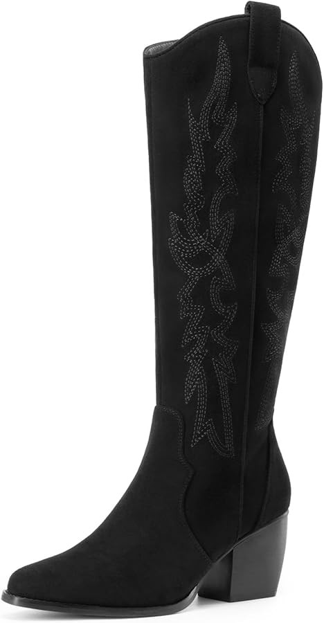 DREAM PAIRS Womens Cowboy Boots Wide Calf Comfortable Pull On Zipper Chunky Heel Pointed Toe Embr... | Amazon (US)