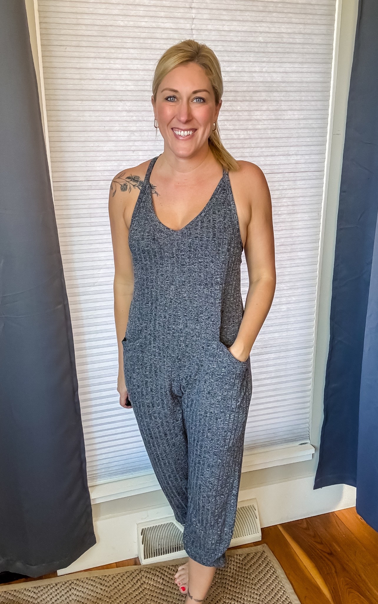 Is there really anything comfier than a soft, lightweight jumpsuit?! This one feels so airy and wonderful! I love the shorter length for wearing with sneakers or sandals. So many color options!