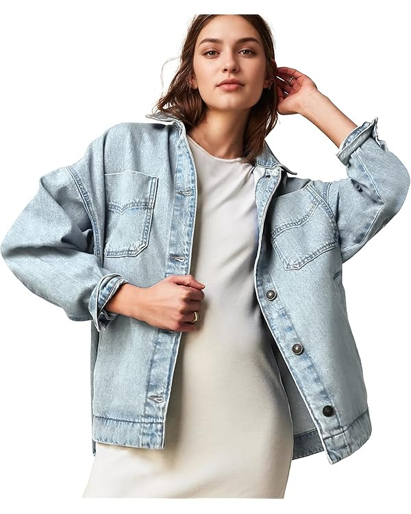 Women Denim Jackets Long Sleeve Plus Size Bottom Down Side Slit Vintage City Jean Jacket Shacket ... | Amazon (US)