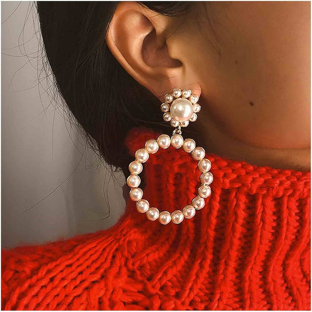 Yheakne Vintage Pearl Hoop Dangle Earrings Gold Circle Pearl Studs Earrings Pearl Circle Drop Ear... | Amazon (US)