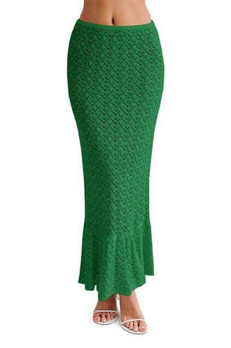 Saodimallsu Womens Crochet Cover Up Skirt High Waisted Sheer Knit Summer Swimsuit Coverup Beach Fishtail Maxi Skirts Dark Green | Amazon (US)
