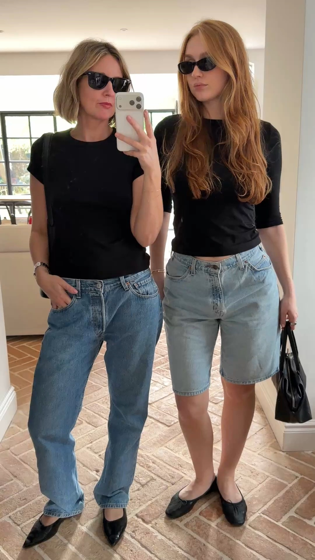 black fitted t-shirt, black crew neck top, straight leg jeans, light wash denim, denim bermuda shorts, black pointed pumps, black bow ballet flats, black slouchy tote, black sunglasses, matching black tops, mother daughter style, sisters try on, effortless casual, tonal denim outfit, quiet luxury, elevated basics, minimalist off duty look, ltkstyletip, ltkseasonal, ltkfindsunder100, outfit inspo, capsule wardrobe essentials

#LTKtravel #LTKjeans #LTKeurope