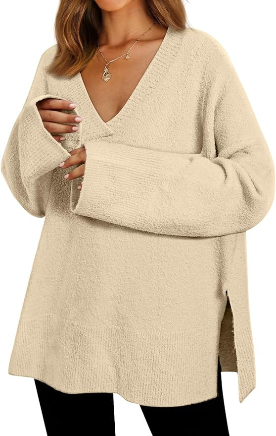 LILLUSORY Women's V Neck Oversized Sweaters 2023 Fall Long Sleeve Side Slit Fuzzy Knit Chunky War... | Amazon (US)