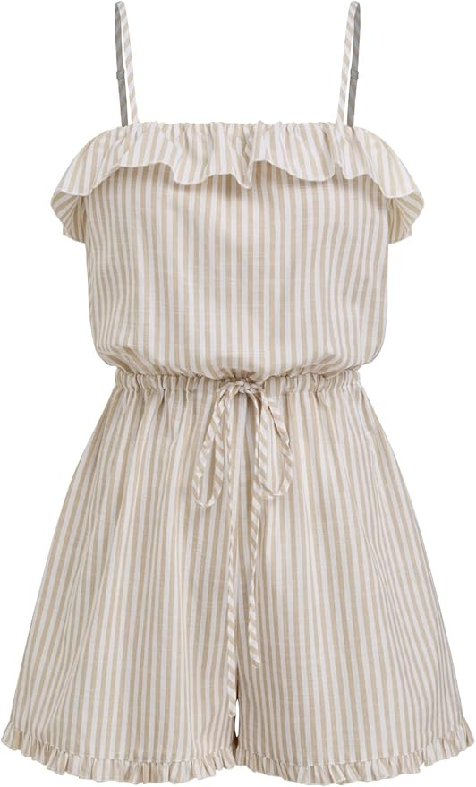 CIDER Womens Casual Rompers Sleeveless Ruffle Drawstring Striped Overall Shorts | Amazon (US)