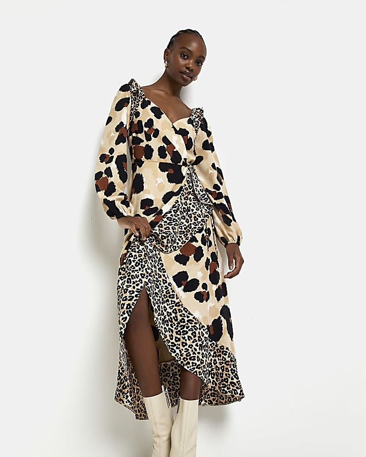Brown animal print wrap midi dress | River Island (UK & IE)