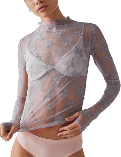 Ugerlov Lace Tops for Women Long Sleeve Mesh Tops Sheer Shirts Grey S | Amazon (US)