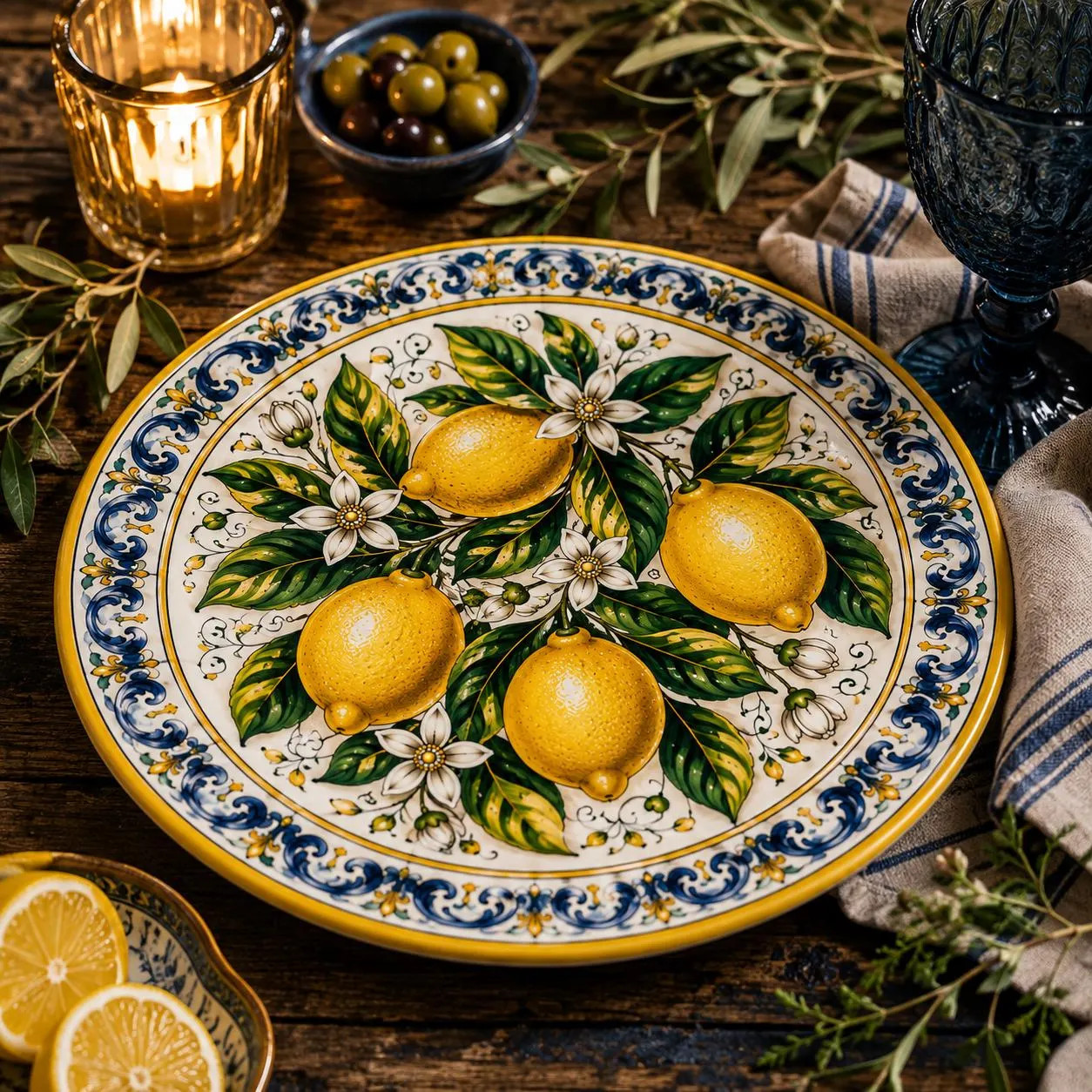 Amalfi Coast Lemon Dinner Plate, Italian Majolica Style Mediterranean Tableware | Etsy (Global)