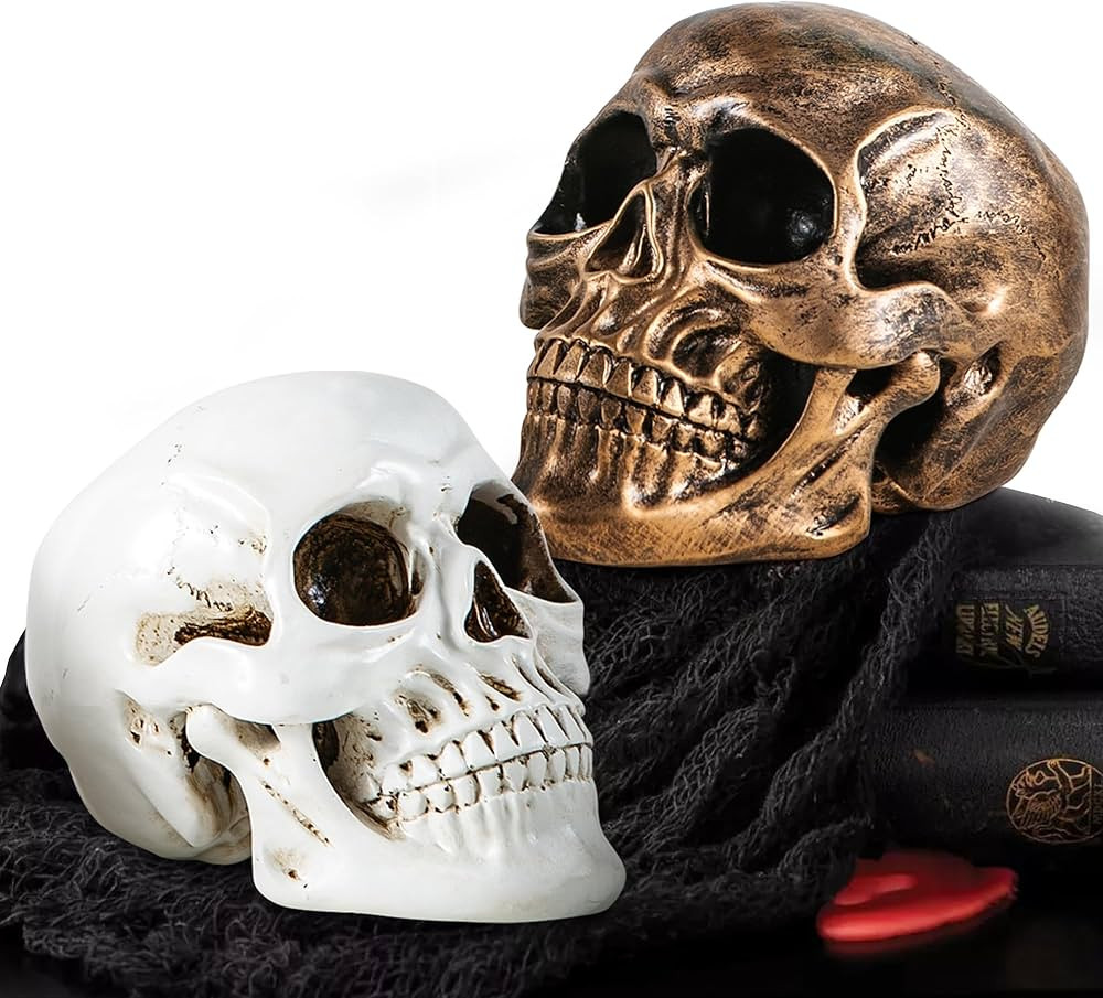 Halloween Skull Statues – Set of 2 Resin Skeleton Head Decorations (Gold & White) – 7.7" Real... | Amazon (US)