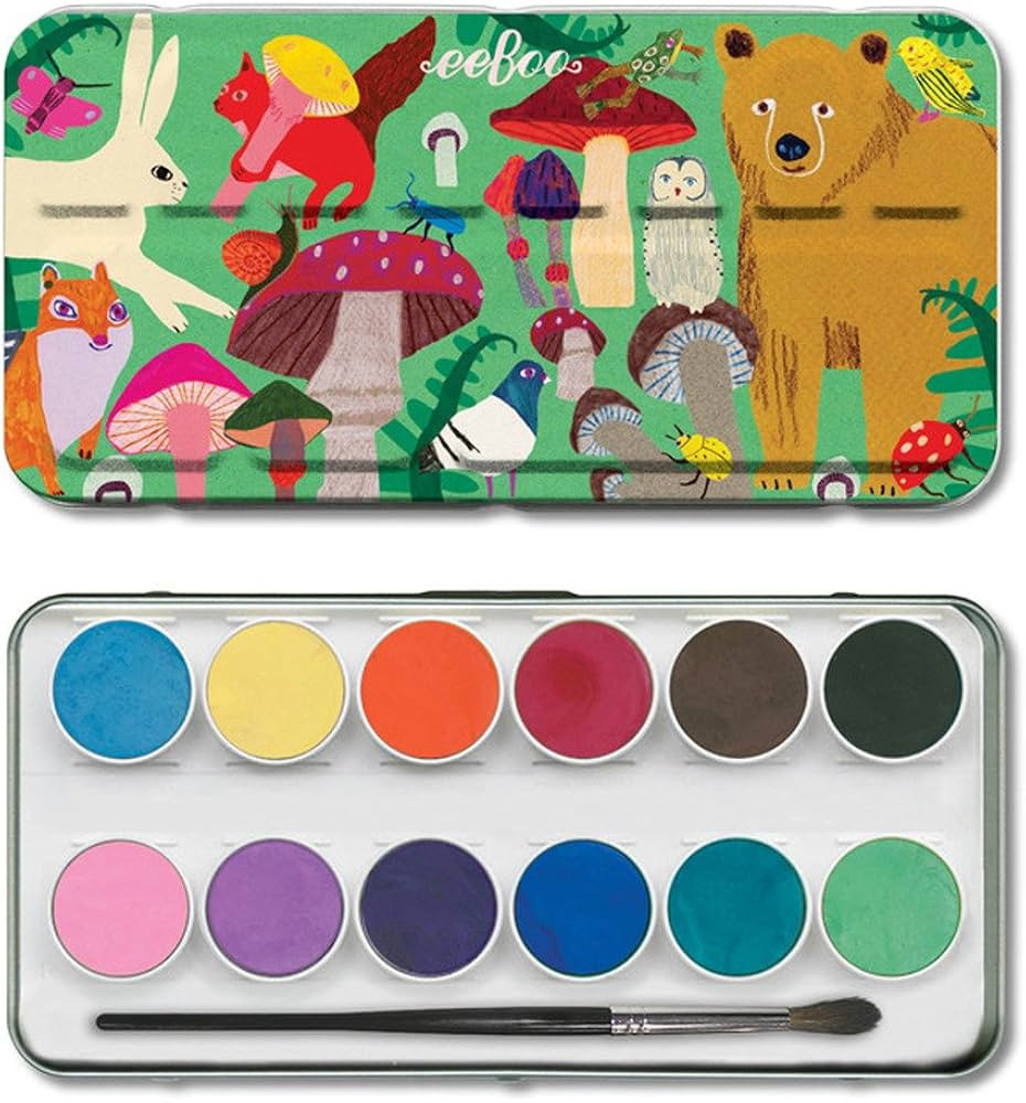 eeBoo: Mushroom Watercolors Paint Set/12 Colors, Paint Brush Included, comes in a Portable Tin Se... | Amazon (US)