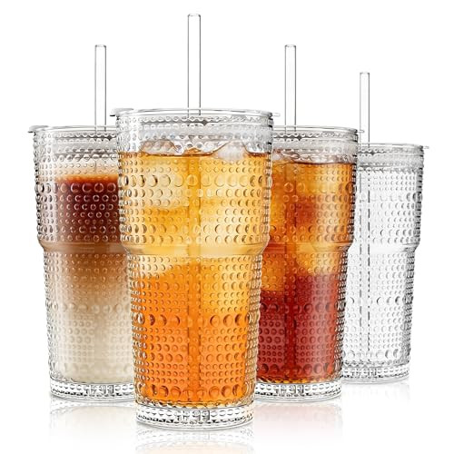INSETLAN 20oz Hobnail Glass Cups with Lids and Glass Straws \u2013 4 Pieces, Thick-Walled Glass T... | Amazon (US)