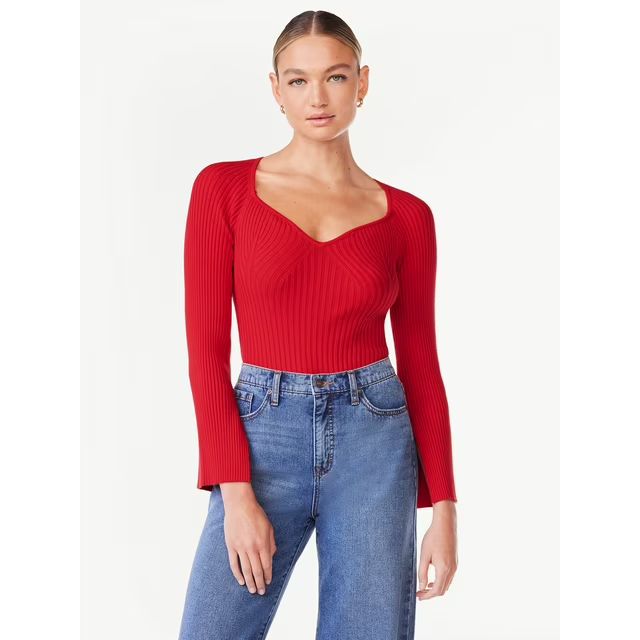 Scoop Women's Ribbed Bodysuit with Sweetheart Neck and Long Sleeves, Sizes XS-XXL - Walmart.com | Walmart (US)