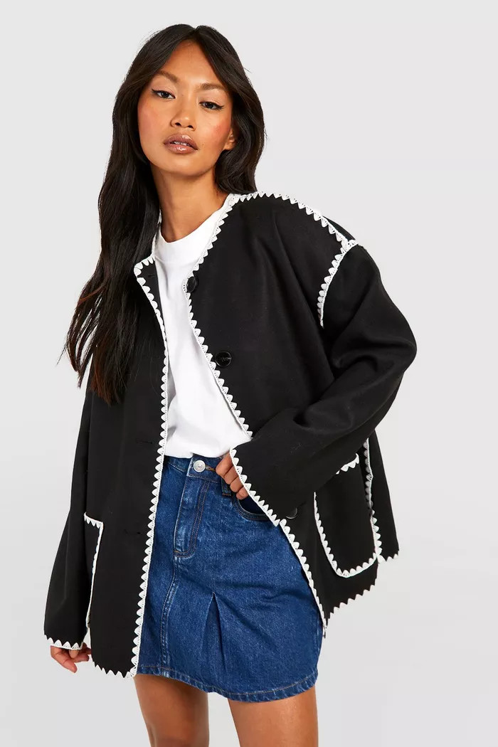 Contrast Blanket Stitch Wool Look Jacket | Boohoo.com (UK & IE)