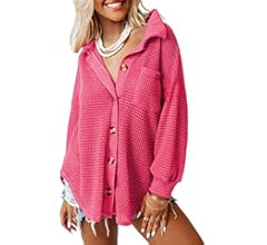 Dokotoo Womens Waffle Knit Shacket Jacket Casual Long Sleeve Button Down Shirts Dressy Blouses Tops | Amazon (US)