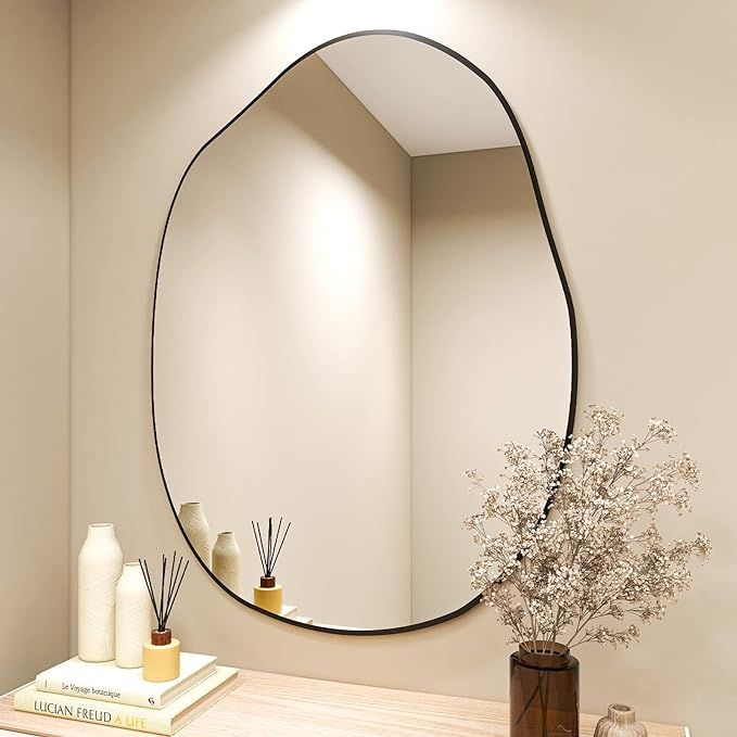 HARRITPURE Irregular Wall Mirror 26"x40" Black Asymmetrical Bathroom Mirror Wood Framed Modern De... | Amazon (US)