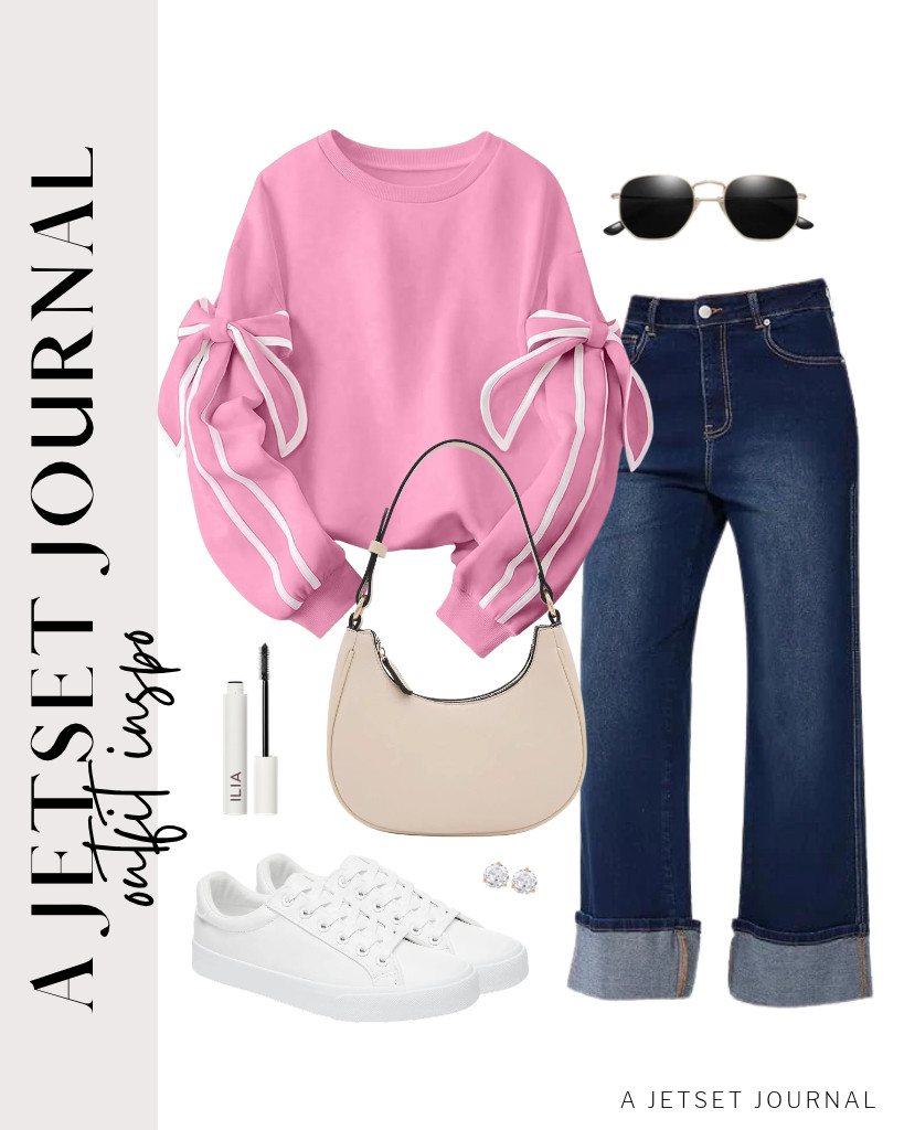 A pink SHEWIN sweatshirt with bow-designed sleeves paired with Vinova cuffed jeans is a cute combination! You can wear these SERNIAL white tennis shoes for this look, then carry a small crescent shoulder bag. Complete the look with PAVOI stud earrings and ILIA - Limitless Lash Mascara. 

 #LTKSeasonal #LTKSaleAlert #LTKTravel