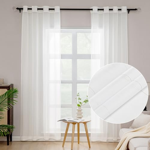 MISSTIAM White Sheer Curtains 84 inch Length Gold and Silver foil Stripe Sheer Panels with Grommets Semi Transparant Curtains for Living Room and Bedroom 52 in Wide Set of 2 Light Filtering Curtain | Amazon (US)