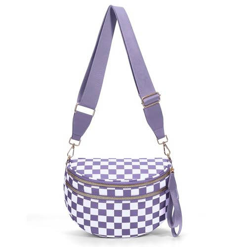 Checkered Crossbody Bum Bags for Women Nylon Checkered Purse Checkerboard Fanny Pack (A10 cloud purple) | Amazon (US)