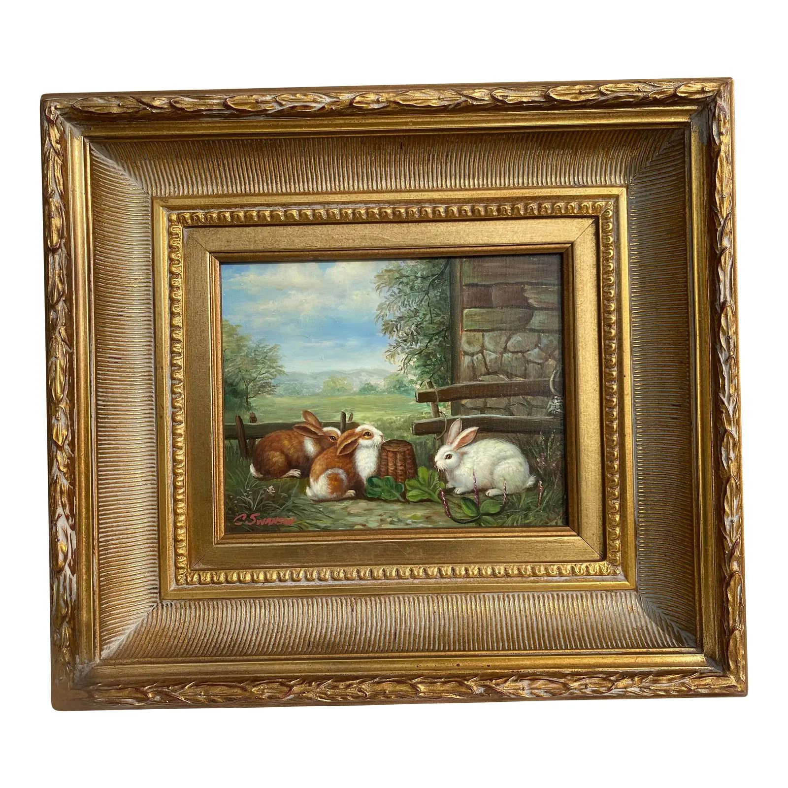 Countryside Rabbits Painting, Late 20th Century | Chairish
