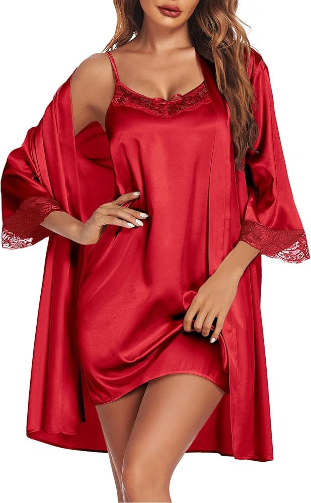 Ekouaer Sleepwear Women's Satin Nightgown with Robes Set 2 Piece Sexy Lace Cami Nightwear | Amazon (US)
