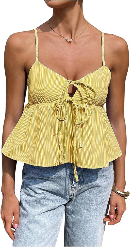Milumia Women's Striped V Neck Spaghetti Strap Babydoll Peplum Tank Top Tie Front Ruffle Cami Cro... | Amazon (US)