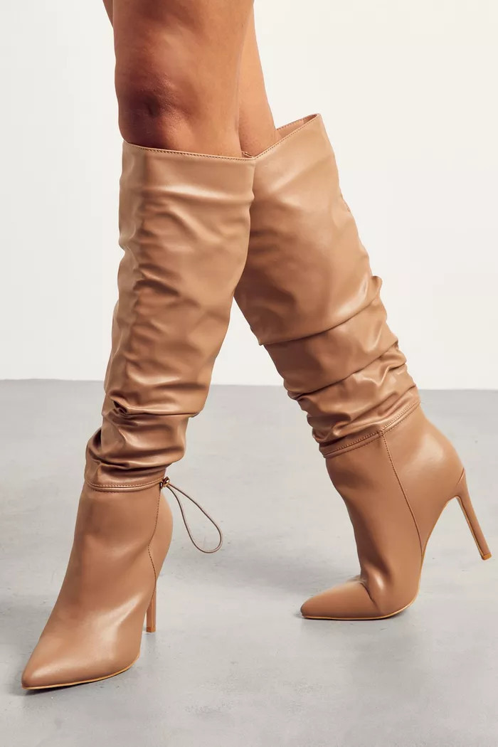 Leather Look Knee High Pointed Heeled Boot | Boohoo.com (UK & IE)