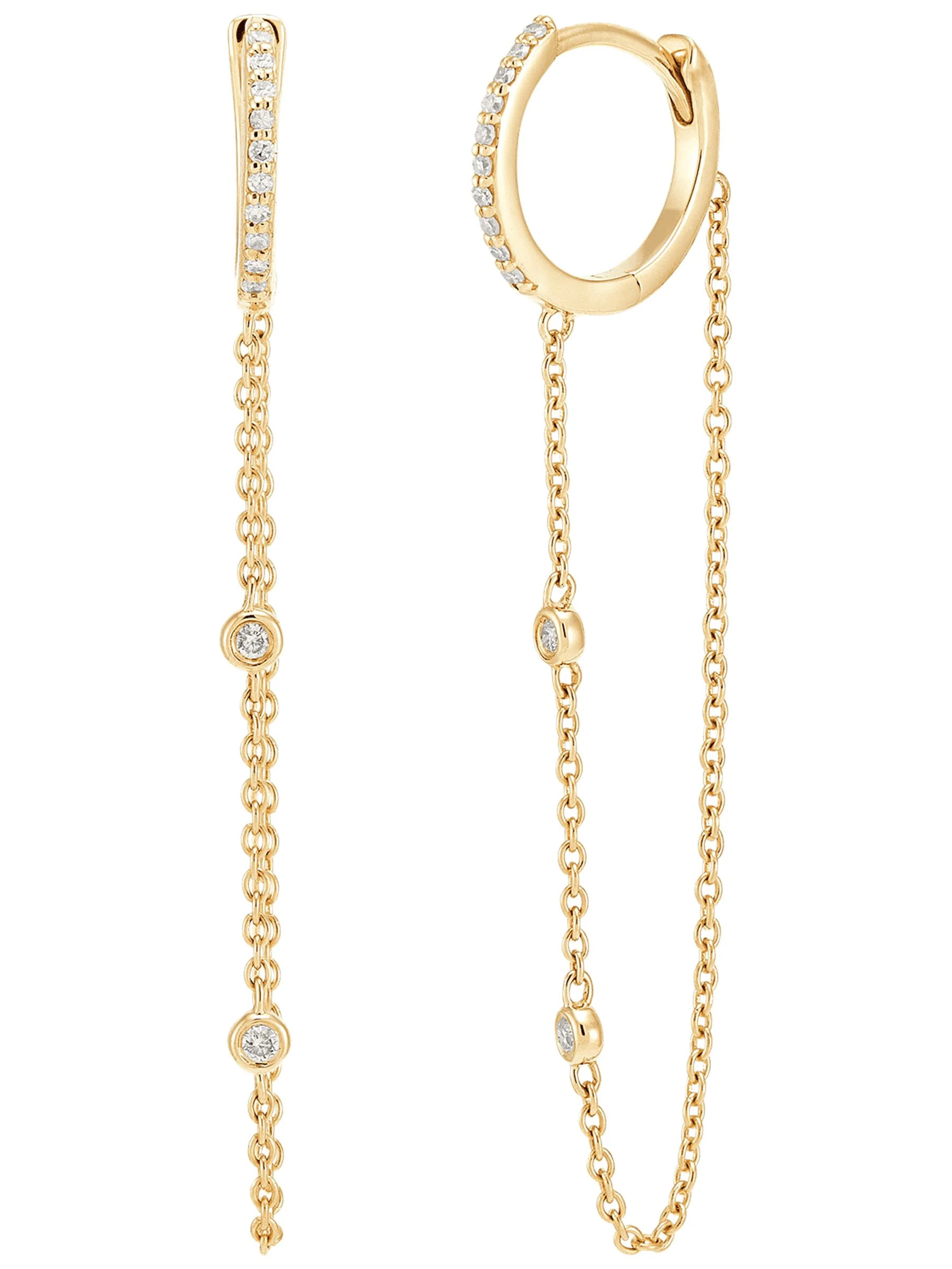 Women's Welry 10kt Yellow Gold 1/10 cttw Diamond Huggie Hoop Chain Drop Earrings | Walmart (US)